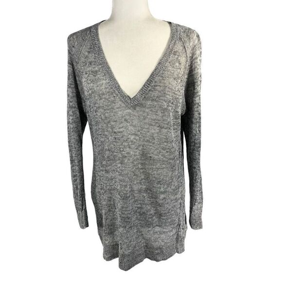 Eileen Fisher Small Gray Lightweight Deep V-Neck Linen Knit Sweater Layering Wom - Picture 1 of 12